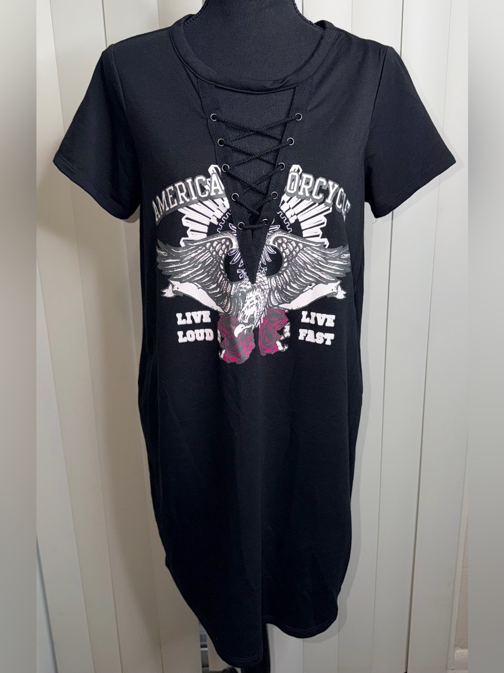 American Motorcycle Shirt/ Dress Criss Cross Front Black Sm/M Womens Just Be